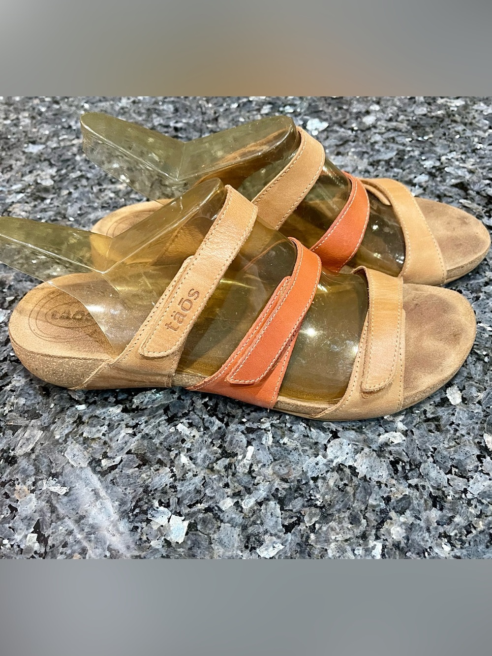 Taos Triple Strap Sandals Tan and Orange Leather Adjustable 42 11-11.5 Spain